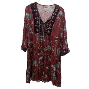 Johnny Was Womens‎ Floral Embroidered Silk Blend Tunic Mini Dress XS Boho Velvet